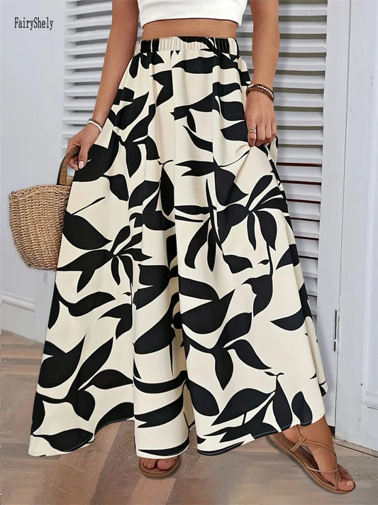 Casual Leaf Print Maxi Skirt