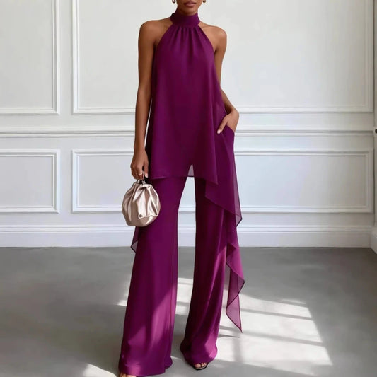 Purple Halter Neck Two Piece Set